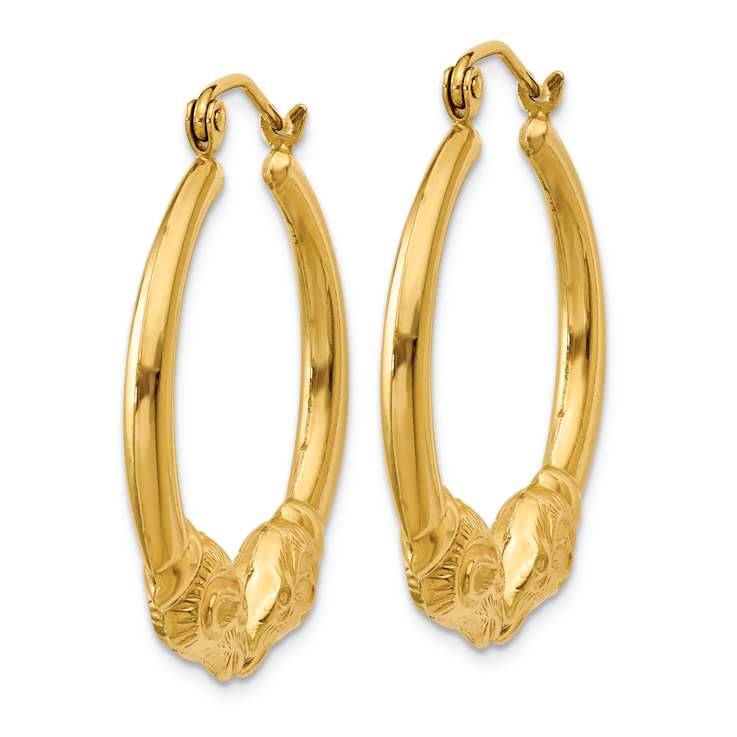 14k Yellow Gold Polished and Textured 1" Ram Hoop Earrings