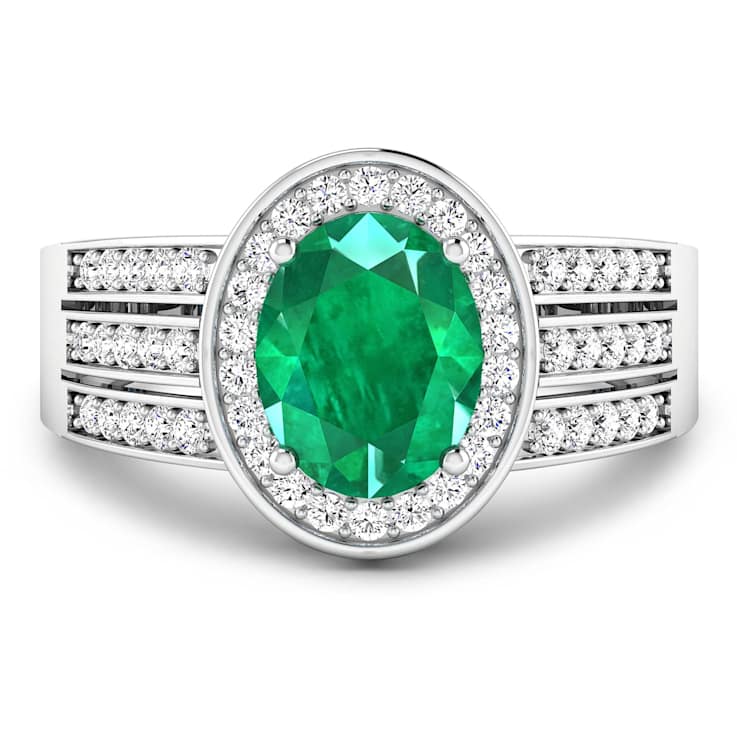 1.97ctw Green Emerald and Diamond 14K White Gold Halo Ring