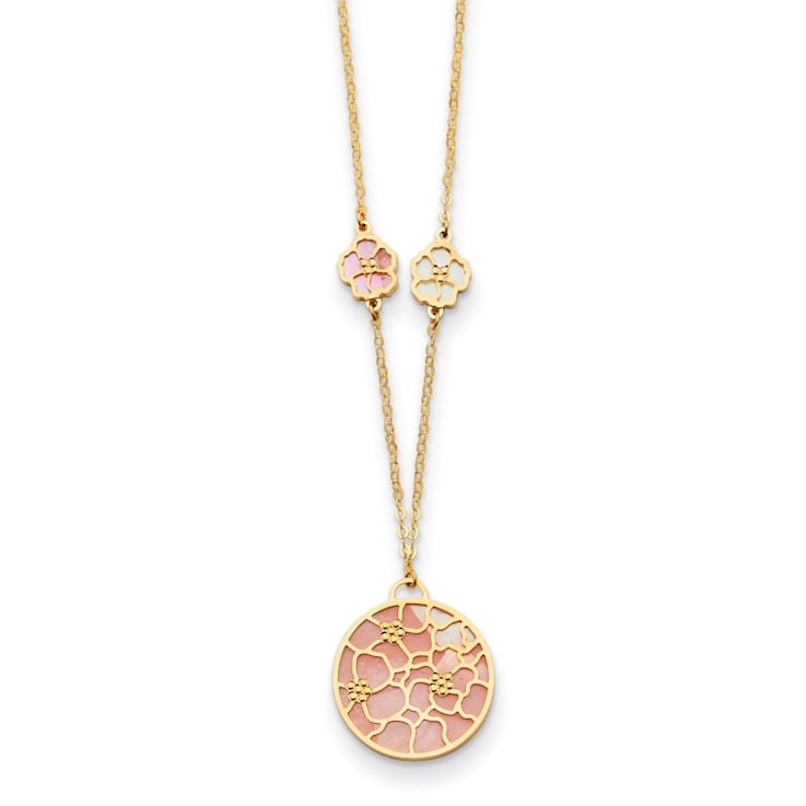 14K Yellow Gold Pink and White Mother Of Pearl Circle and Flowers 18
Inch Necklace