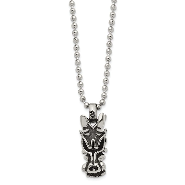 Stainless Steel Antiqued and Polished Dragon Head 22-inch Necklace