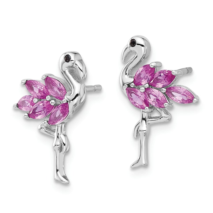 Rhodium Over Sterling Silver Pink Crystal Flamingo Post Earrings