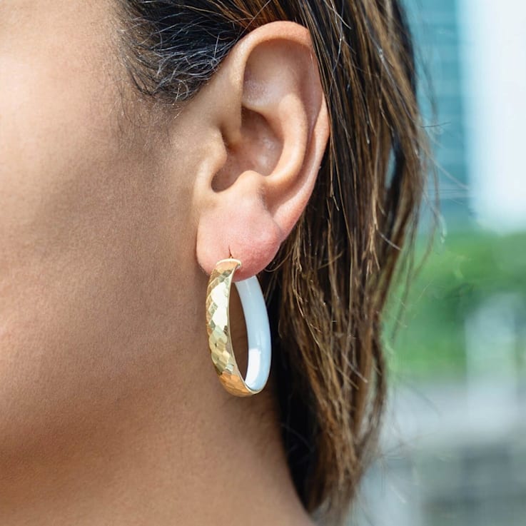14K Yellow Gold Over Sterling Silver Enamel Hammered Hoop Earrings in White