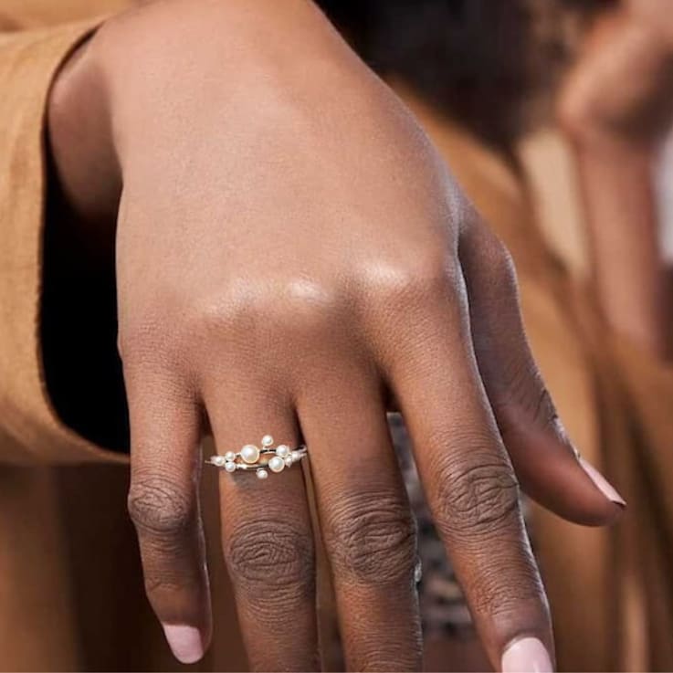 Pearl Cluster Rhodium Over Sterling Silver Ring