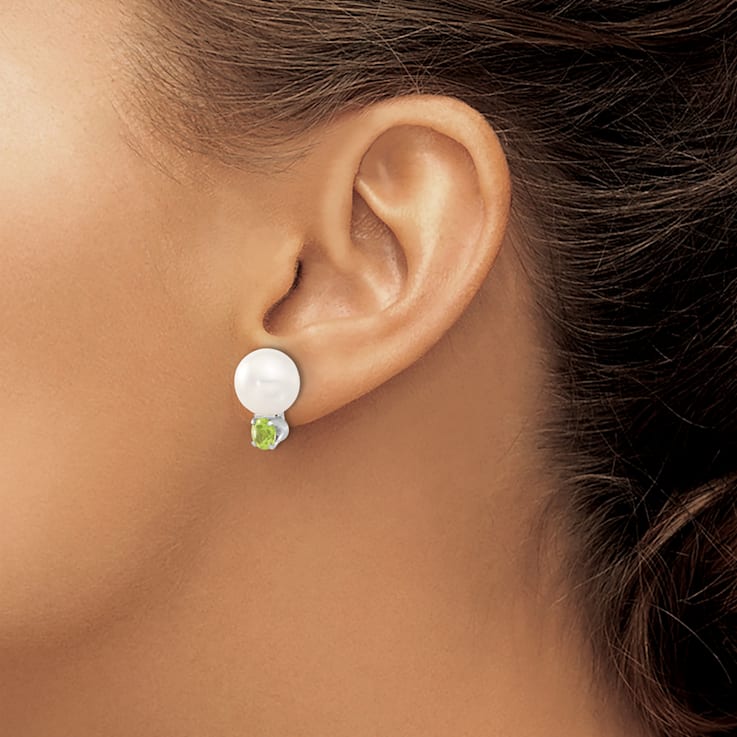 Sterling Silver 10-11mm Freshwater Cultured Button Pearl with Peridot Earrings