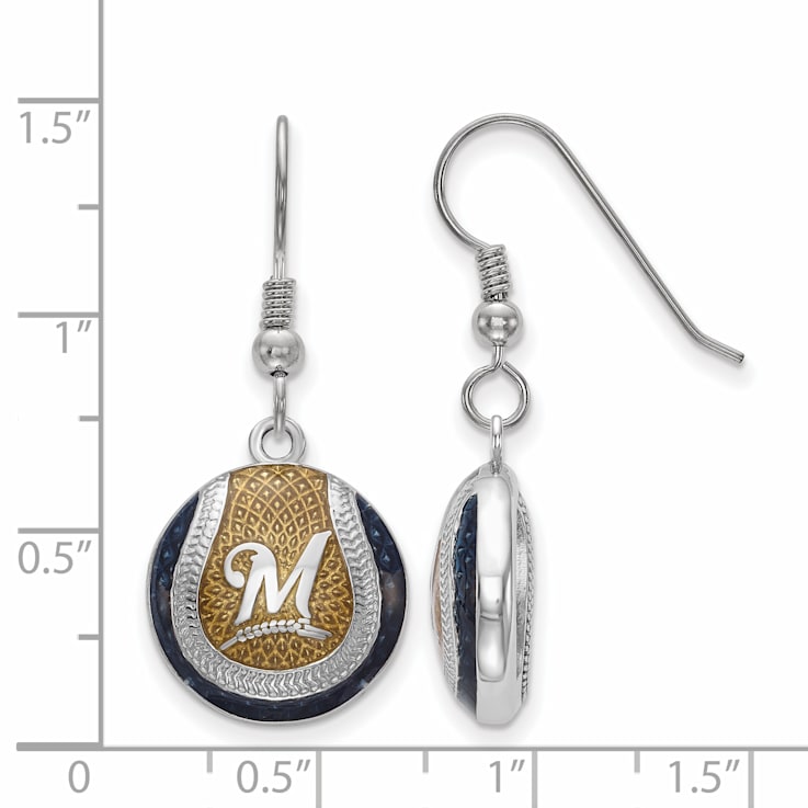 Rhodium Over Sterling Silver MLB LogoArt Milwaukee Brewers Enamel Earrings