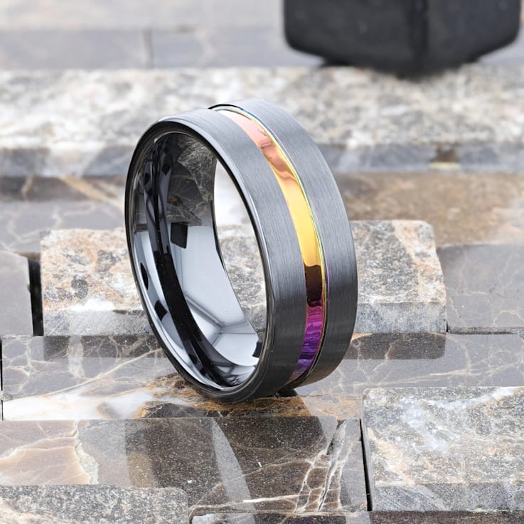 AZURE Flat Black Ceramic Ring Brushed with Rainbow Groove 8mm