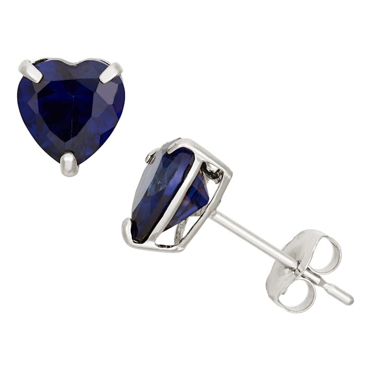 Lab Created Blue Sapphire Heart Shape 10K White Gold Stud Earrings, 1.9ctw
