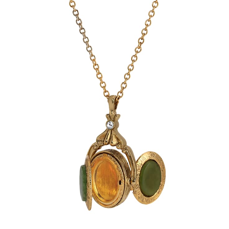 Yellow Base Metal Oval Jade Double Locket Necklace 28"