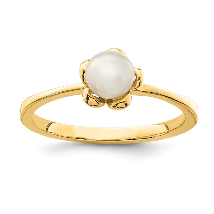 14K Yellow Gold 4-5mm White Button Freshwater Cultured Pearl Flower Ring