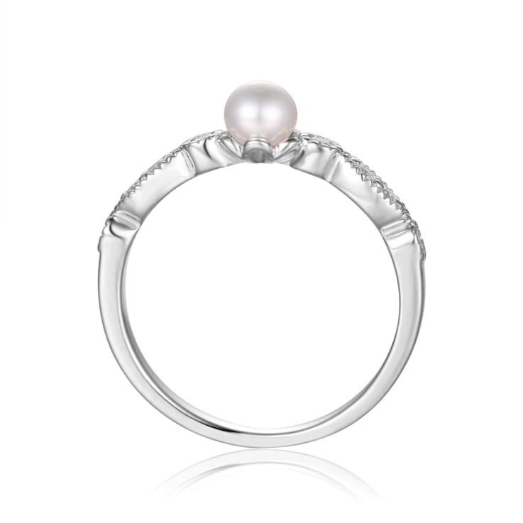 Freshwater Pearl with Moissanite Accents Rhodium Over Sterling Silver Ring