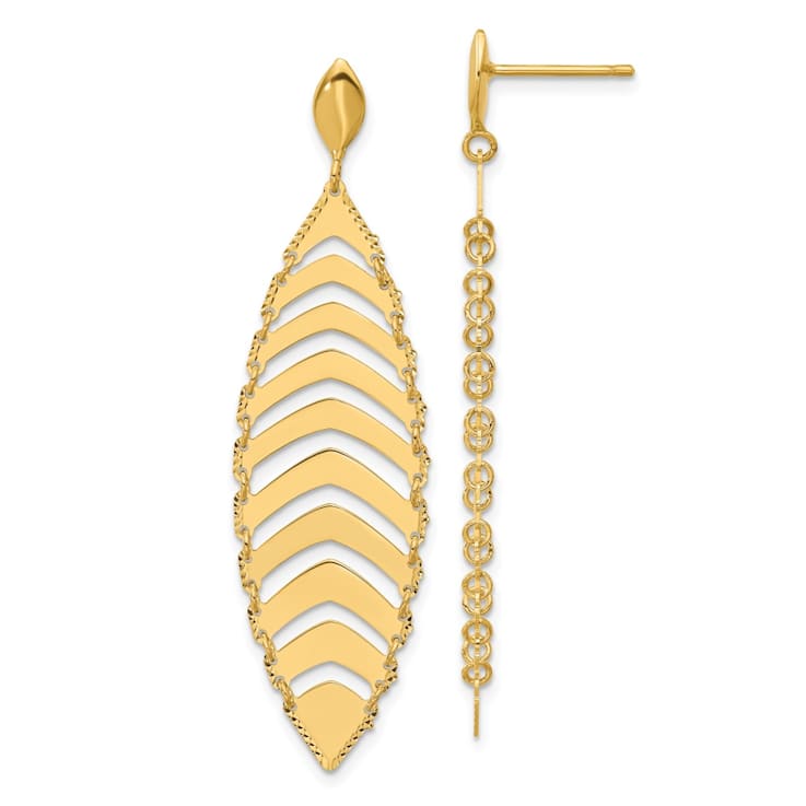14K Yellow Gold Polished Diamond-cut Post Dangle Leaf Earrings
