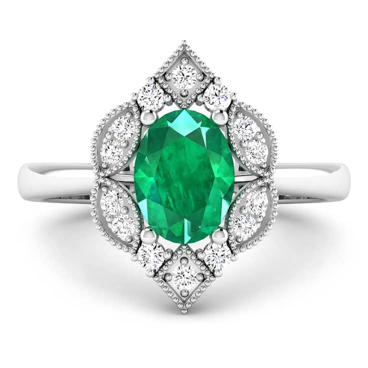 1.2ctw Green Emerald and Diamond 14K White Gold Halo Ring