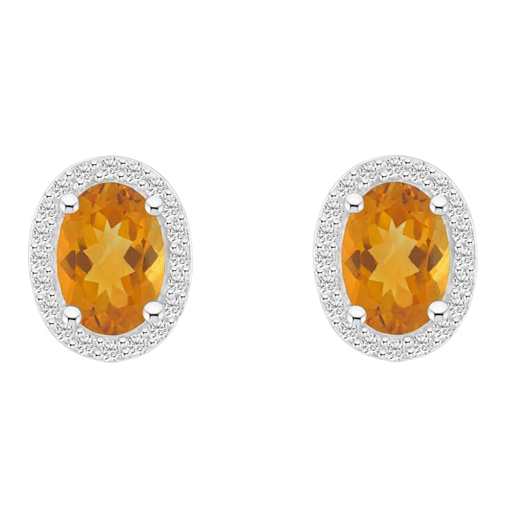 7x5mm Oval Citrine And Created White Sapphire 10k White Gold Halo Stud Earrings