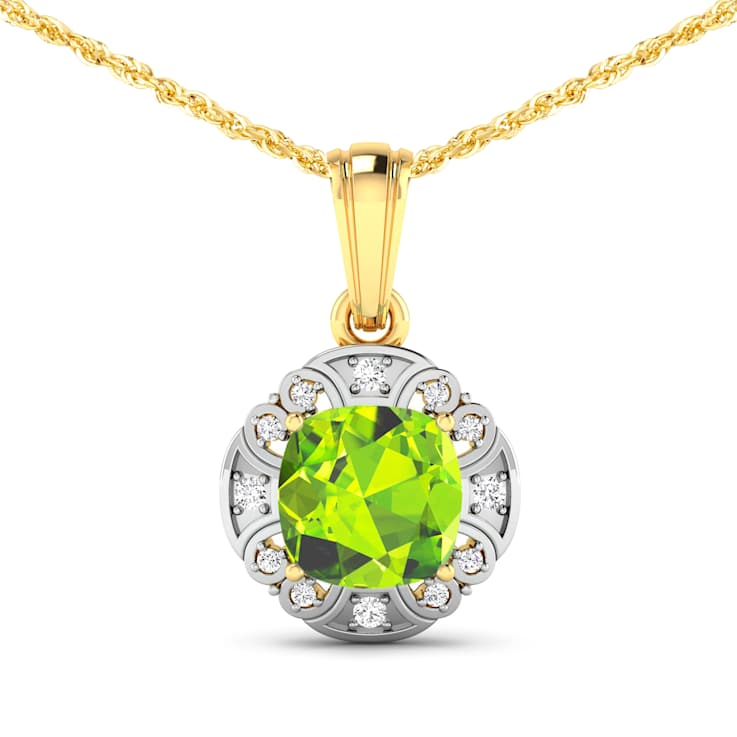 2.02ctw 14K Yellow Gold Cushion Peridot and White Diamond Pendant with
18 inch Cable Chain