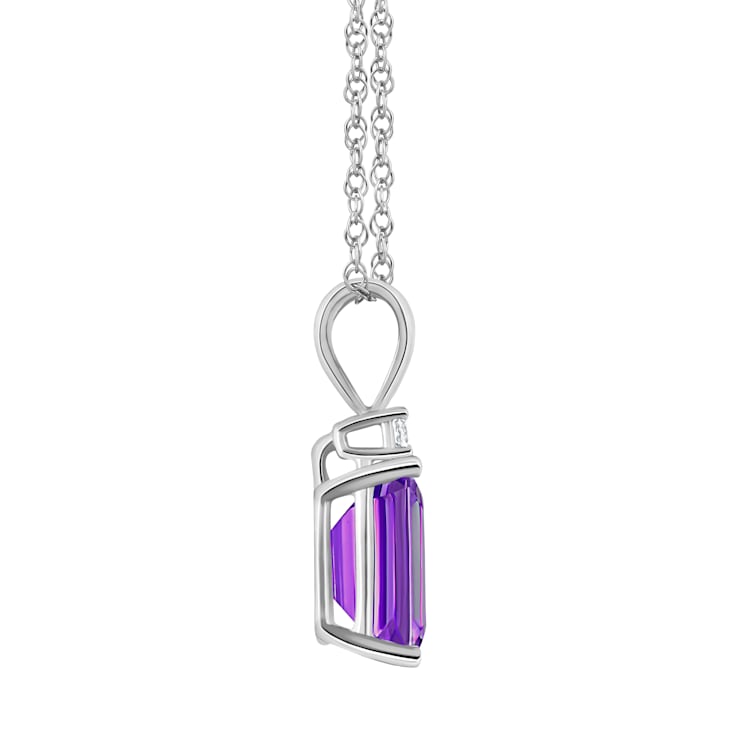 9x7mm Emerald Cut Amethyst with Diamond Accent 14k White Gold Pendant
With Chain