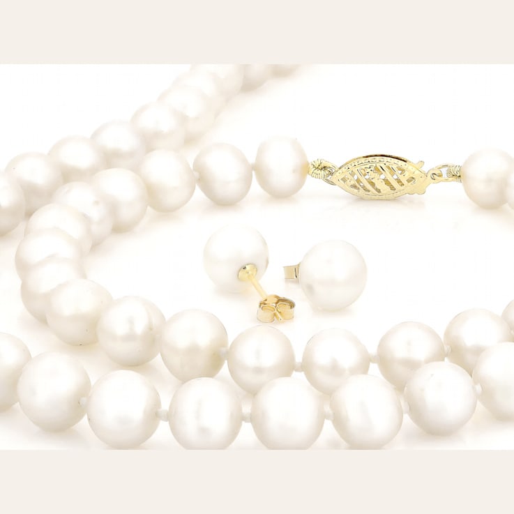 7-7.5mm White Cultured Freshwater Pearl 14k Yellow Gold Jewelry Set