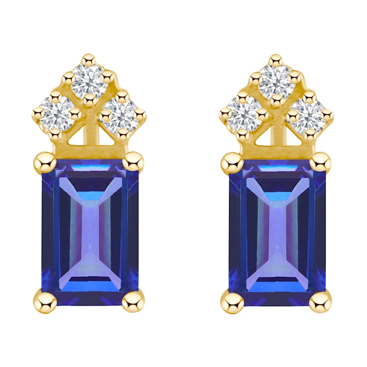 6x4mm Emerald Cut Tanzanite with Diamond Accents 14k Yellow Gold Stud Earrings