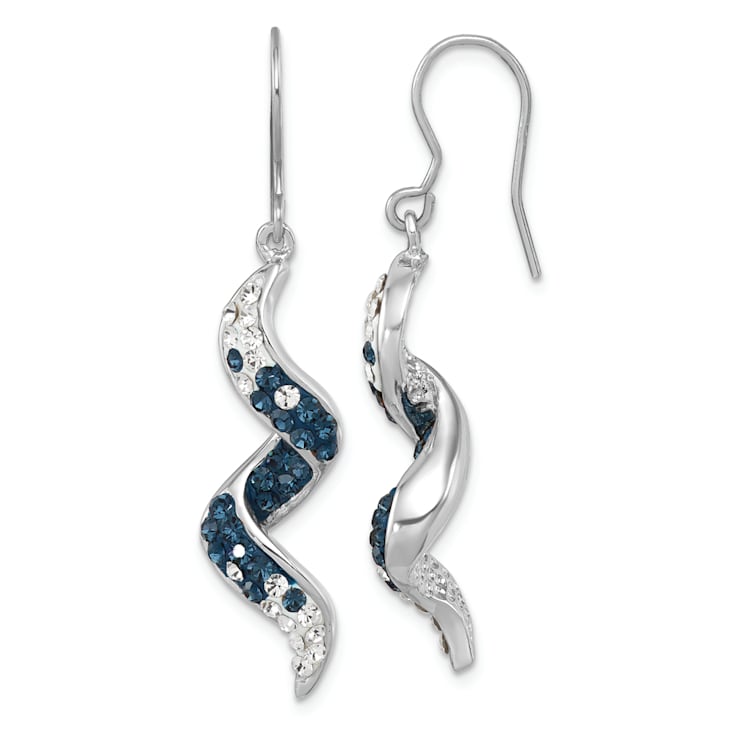 Rhodium Over Sterling Silver Long Twirl Crystal Wave Dangle Earrings