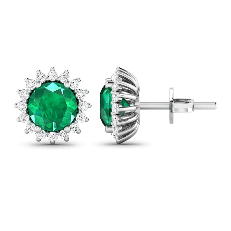 1.36ctw 14K White Gold  Zambian Green Emerald and White Diamond Halo Earrings