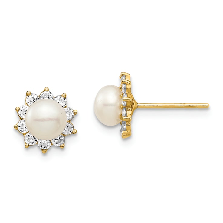 14K Yellow Gold Children's 5-6mm White Freshwater Cultured Pearl and
Cubic Zirconia Stud Earrings