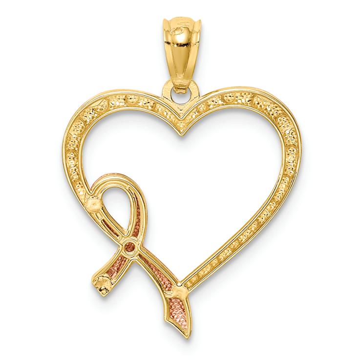 14k Two-tone Gold Pink Ribbon with Textured Heart Pendant