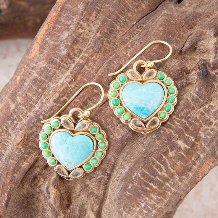 Barse Jewelry Legacy Heart Lime Green and Blue Turquoise Golden Drop Earrings