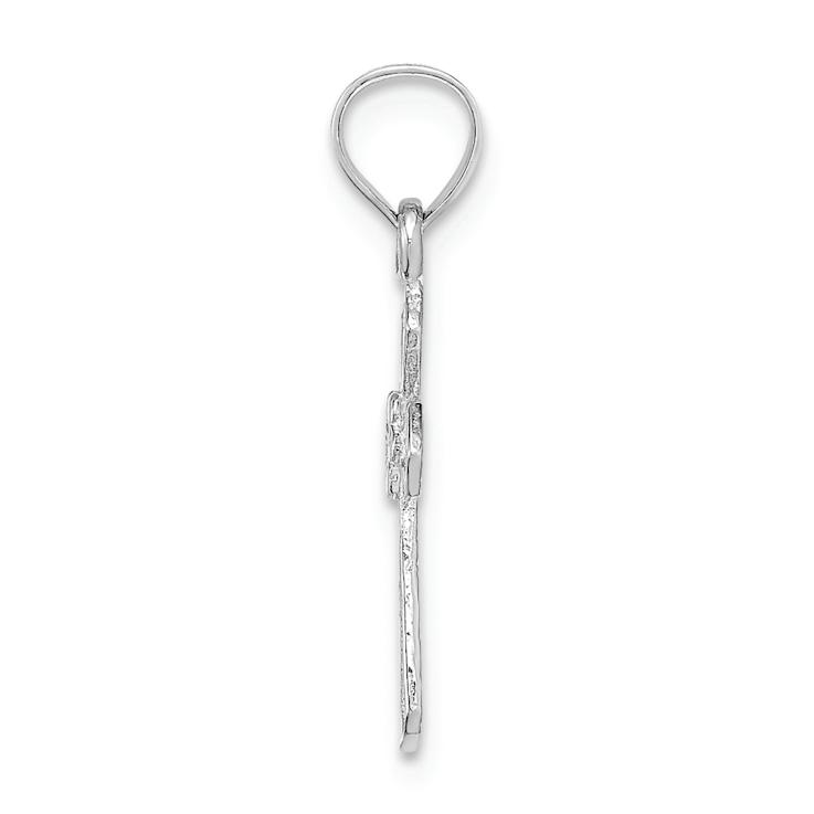 Rhodium Over 14k White Gold Textured Small Cross with Flower Pendant