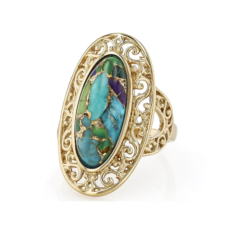 Multi-Color Blended Turquoise Oval Solitaire Ring In 18K Gold Over
Sterling Silver 20x8mm