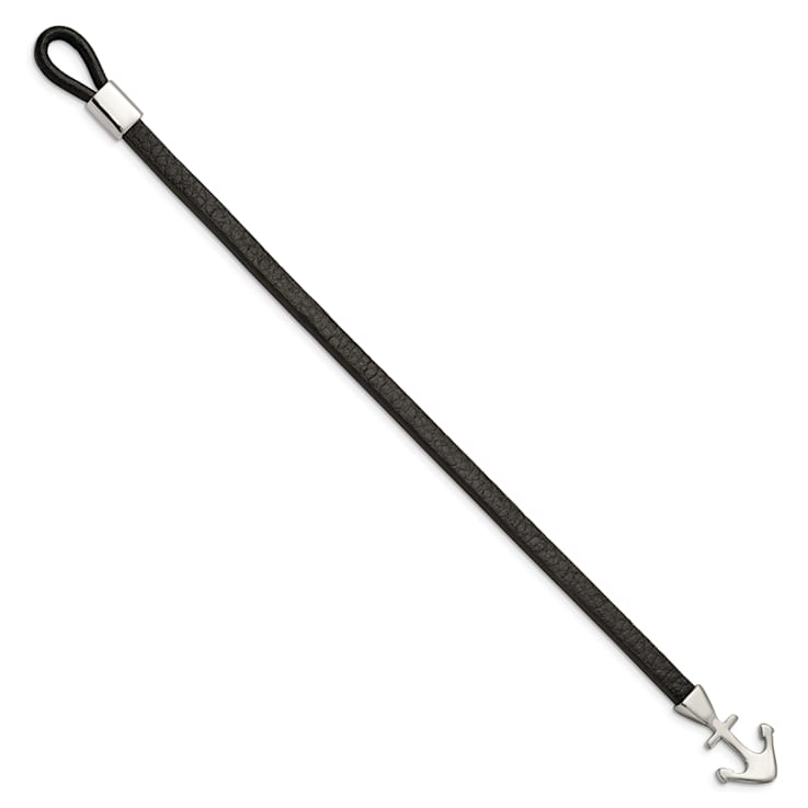 Black Leather and Stainless Steel Polished Anchor 8-inch Bracelet