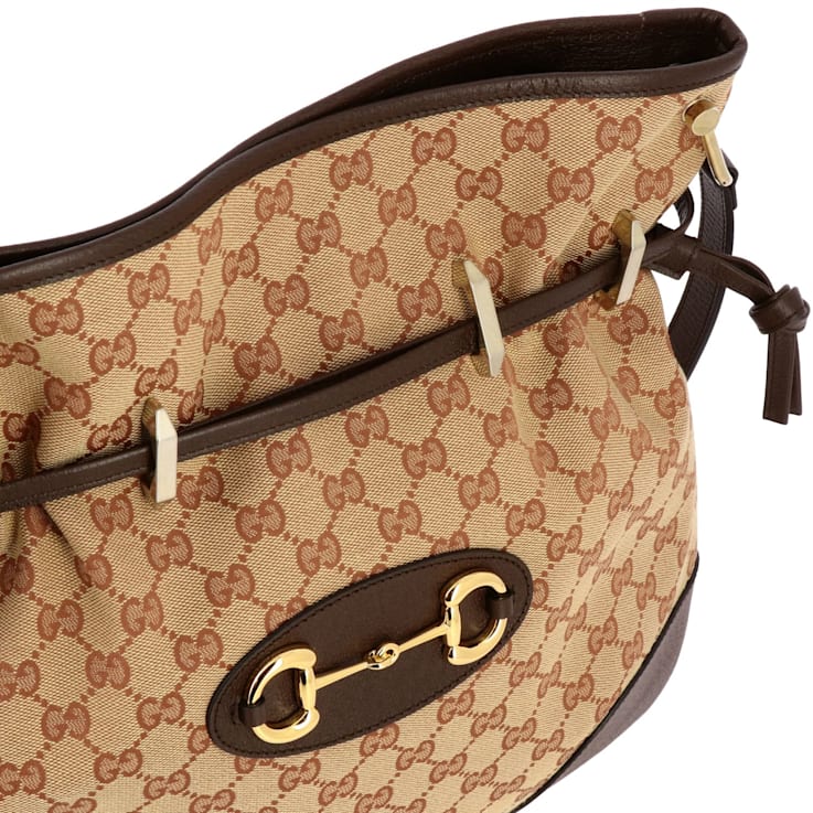 Gucci 1955 Horsebit Beige Canvas Drawstring Crossbody Bag