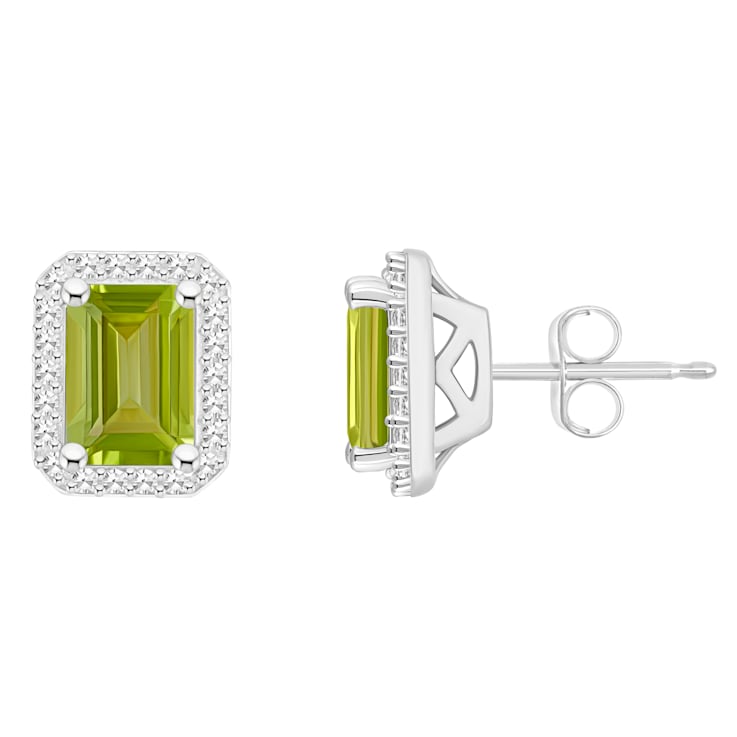 7x5mm Emerald Cut Peridot 1/5 ctw Diamond Rhodium Over Sterling Silver
Halo Stud Earrings