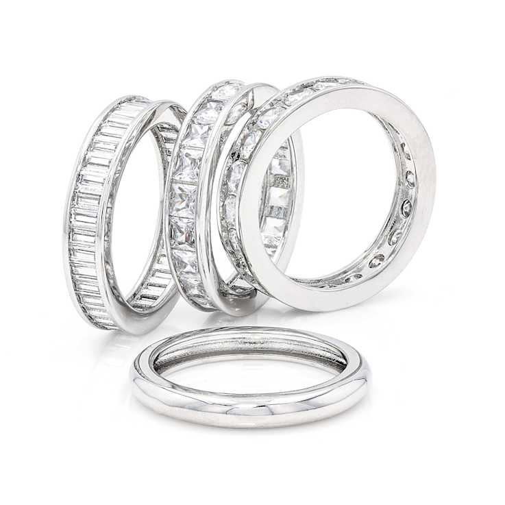 CZ Set Of 4 Stackable Band Rings In Rhodium Over Brass 10.82ctw