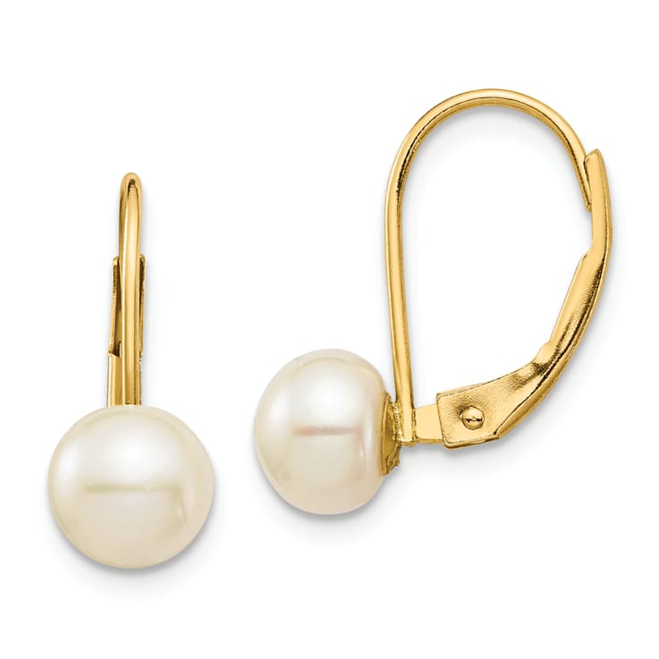 14K Yellow Gold 6-7mm White Button Freshwater Cultured Pearl Leverback Earrings