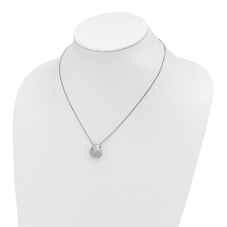 Rhodium Over Sterling Silver Seashell 15mm Locket Necklace
