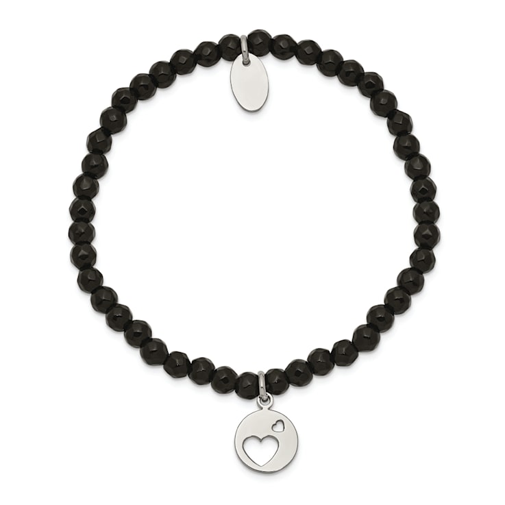 Stainless Steel Polished Hearts Black Jade Beaded Stretch Bracelet