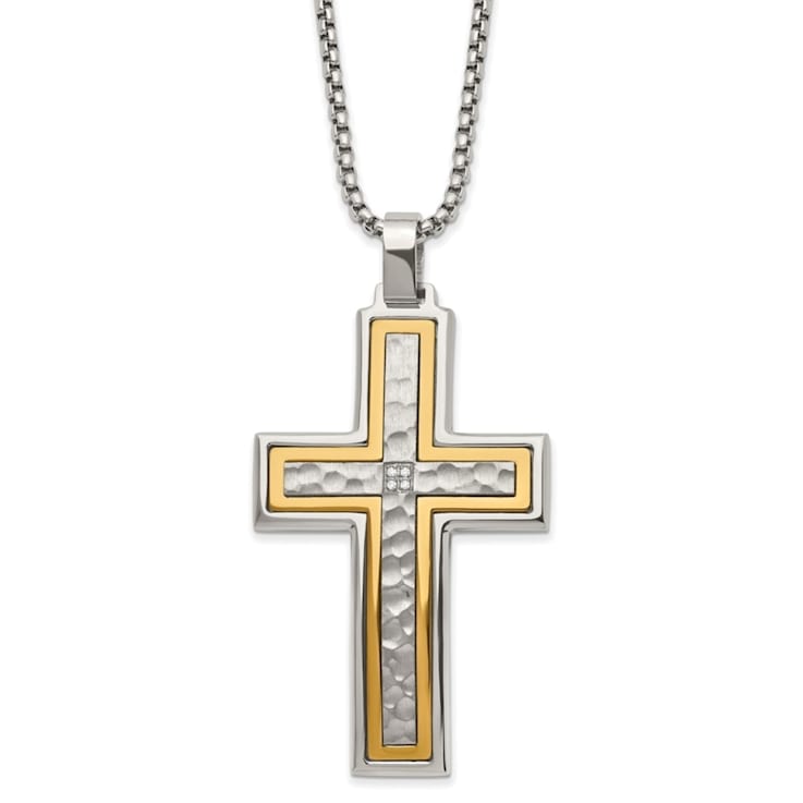 White Cubic Zirconia Stainless Steel Yellow IP-plated Men's Cross
Pendant with Chain
