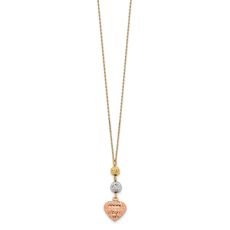 14K Tri-color Ropa Diamond Cut Beads and Heart with 2-inch Extension Necklace