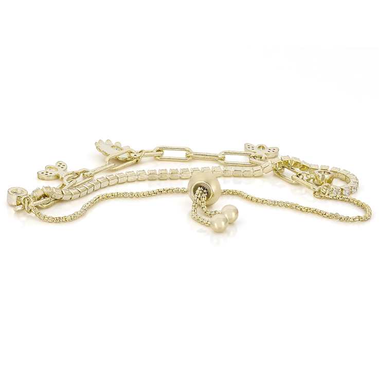 CZ Layered Charm Bolo Bracelet In 14K Gold Over Brass 2.91ctw