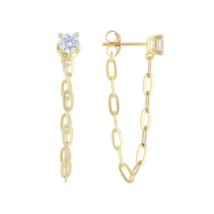 CZ Stud Chain Earrings In 18K Gold Over Sterling Silver