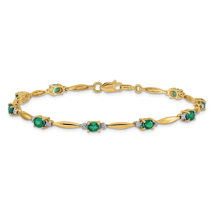 10k Rhodium Over Yellow Gold Diamond and Oval Emerald Bracelet