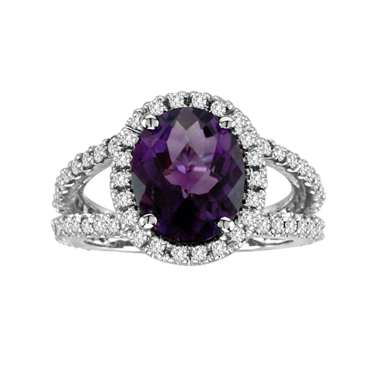 Amethyst and Diamond 14k White Gold Halo Split Shank Ring 4.00ctw