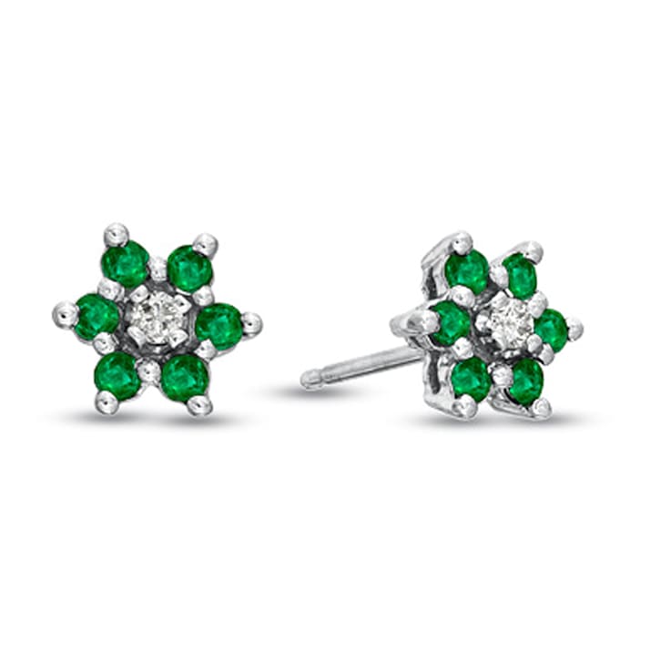 0.48ctw Emerald and Diamond Flower Cluster Earrings in 14k White Gold