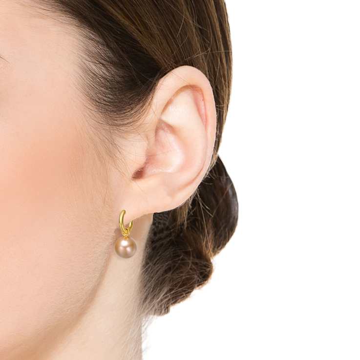 Champagne Pearl Simulant Hoop Earrings In 14K Gold Over Brass