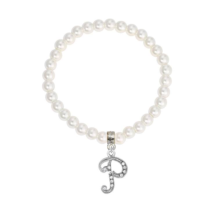 White Faux Pearl Bead Initial Charm Stretch Bracelet