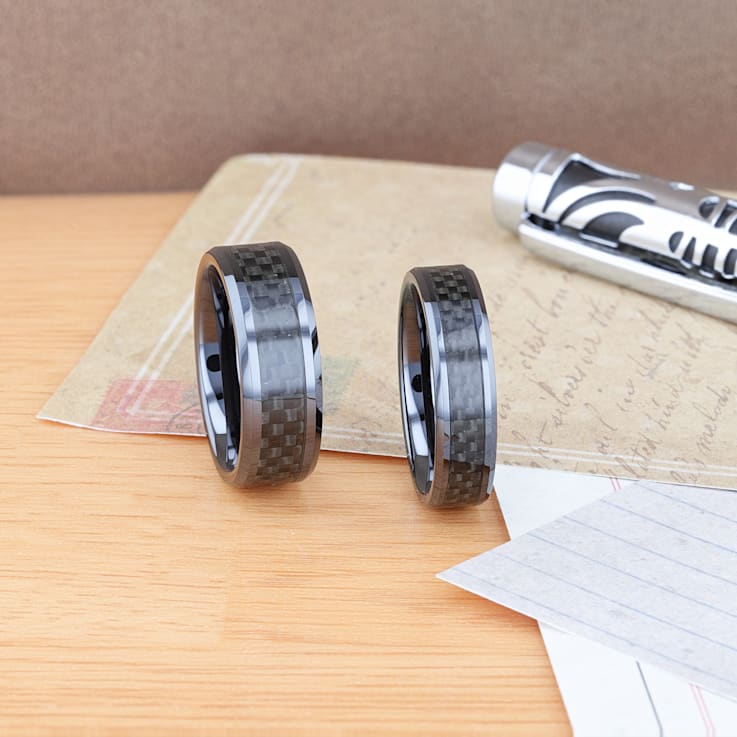 ONYX Black Carbon Fiber Inlaid Black Ceramic Wedding Band 8mm