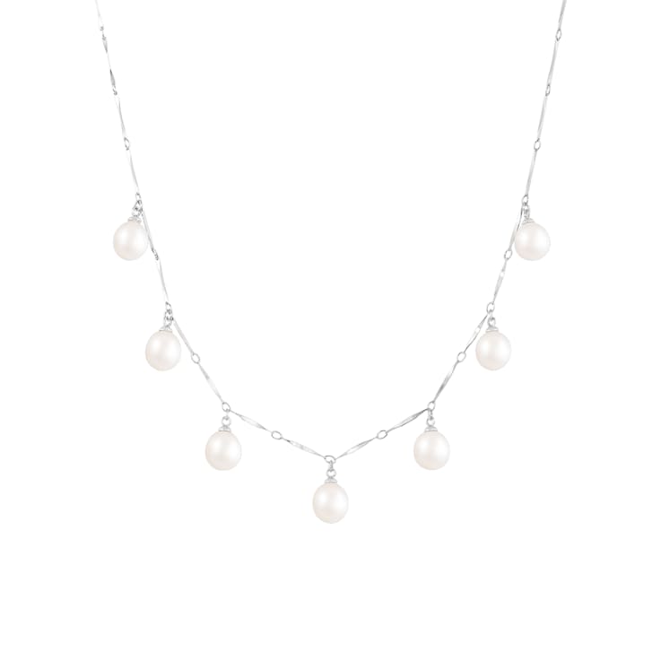 7-8mm White Cultured Freshwater Pearl Rhodium Over Sterling Silver Necklace
