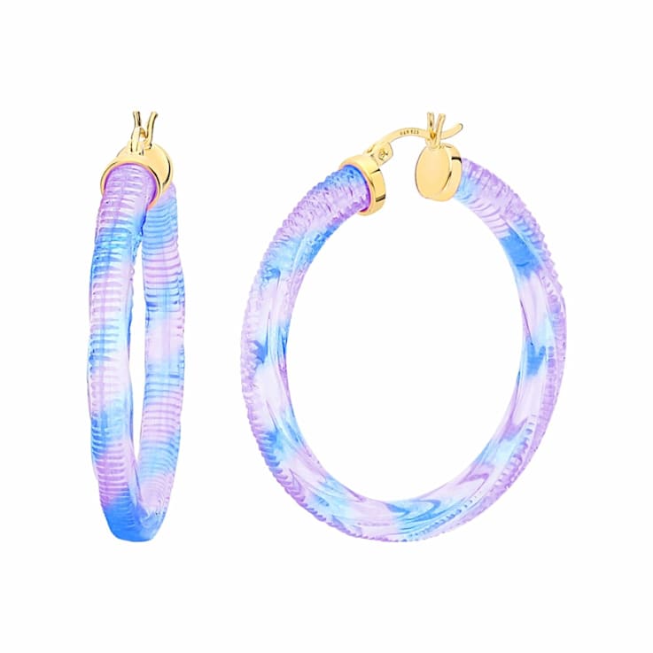 14K Yellow Gold Over Sterling Silver Painted Hoops in Purple and Blue Stripe