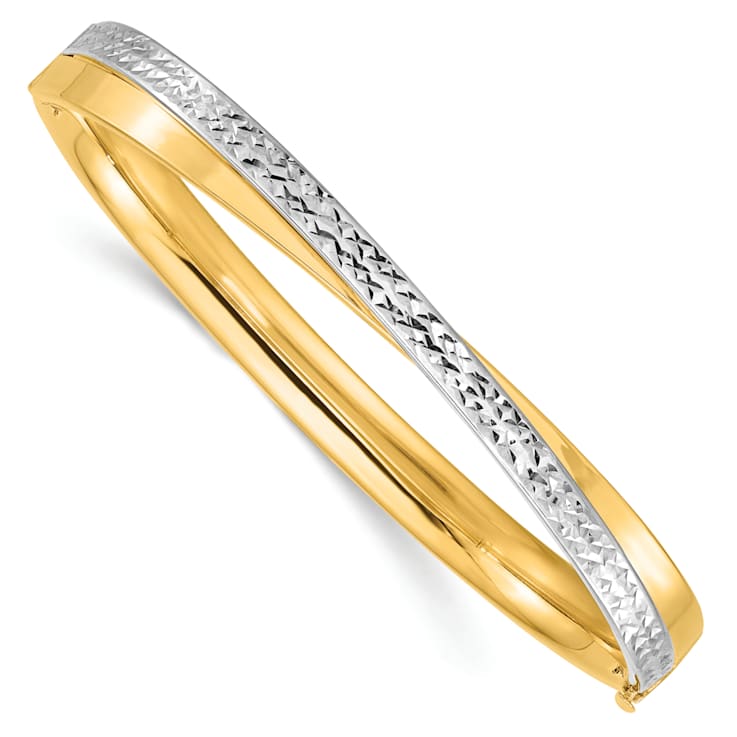 14k Yellow Gold and Rhodium Over 14k Yellow Gold 7.4mm Diamond-Cut
Bypass Hinged Bangle