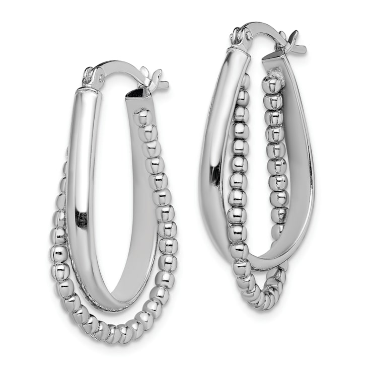Rhodium Over Sterling Silver Twisted and Beaded Hoop Earrings