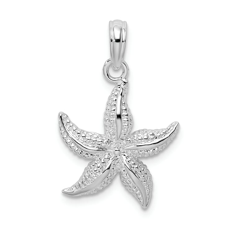 Rhodium Over Sterling Silver Polished and Textured Starfish Pendant